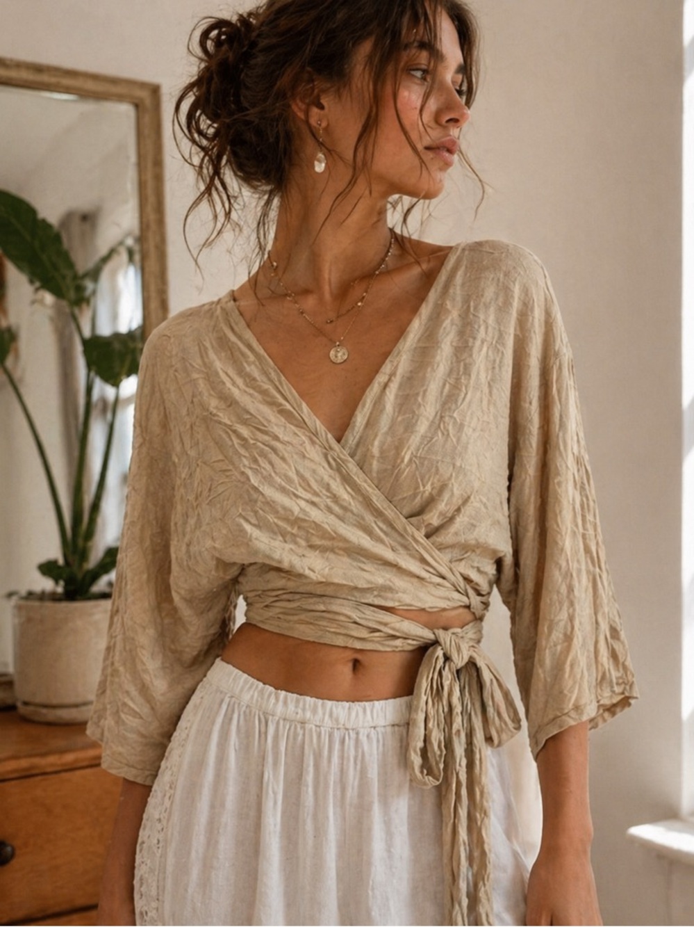 Lauren Vidal Paris Crinkle Wrap Tie Crop Top Boho Neutral